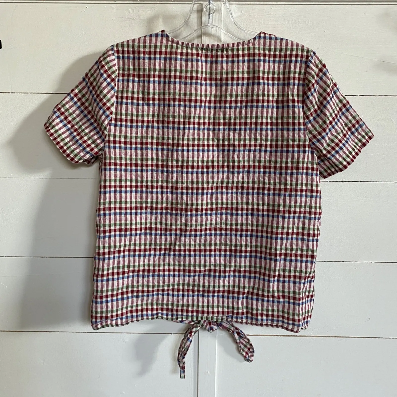 Madewell Tie-Front Rainbow Pink Gingham Plaid Blouse‎ Top XS - EUC - Image 7