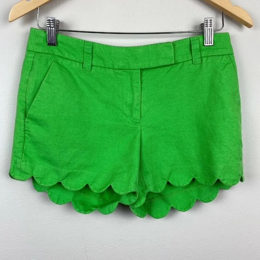 J. Crew Shorts 0 Green Linen Cotton 4" Scalloped Hem Pockets Summer Casual Women - Image 10