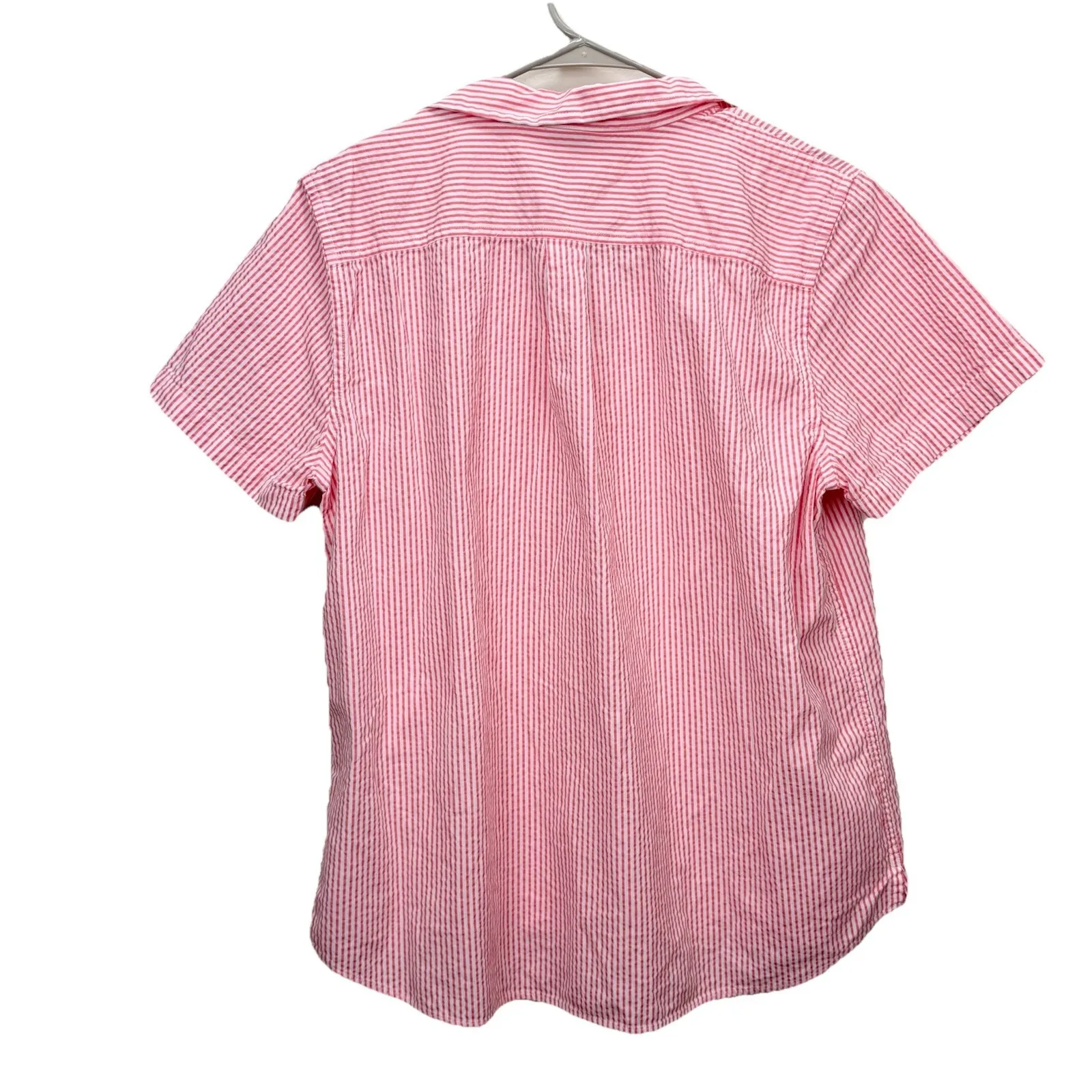 LL Bean Vacationland Seersucker Coral White Striped Popover Shirt Size LARGE - Image 8