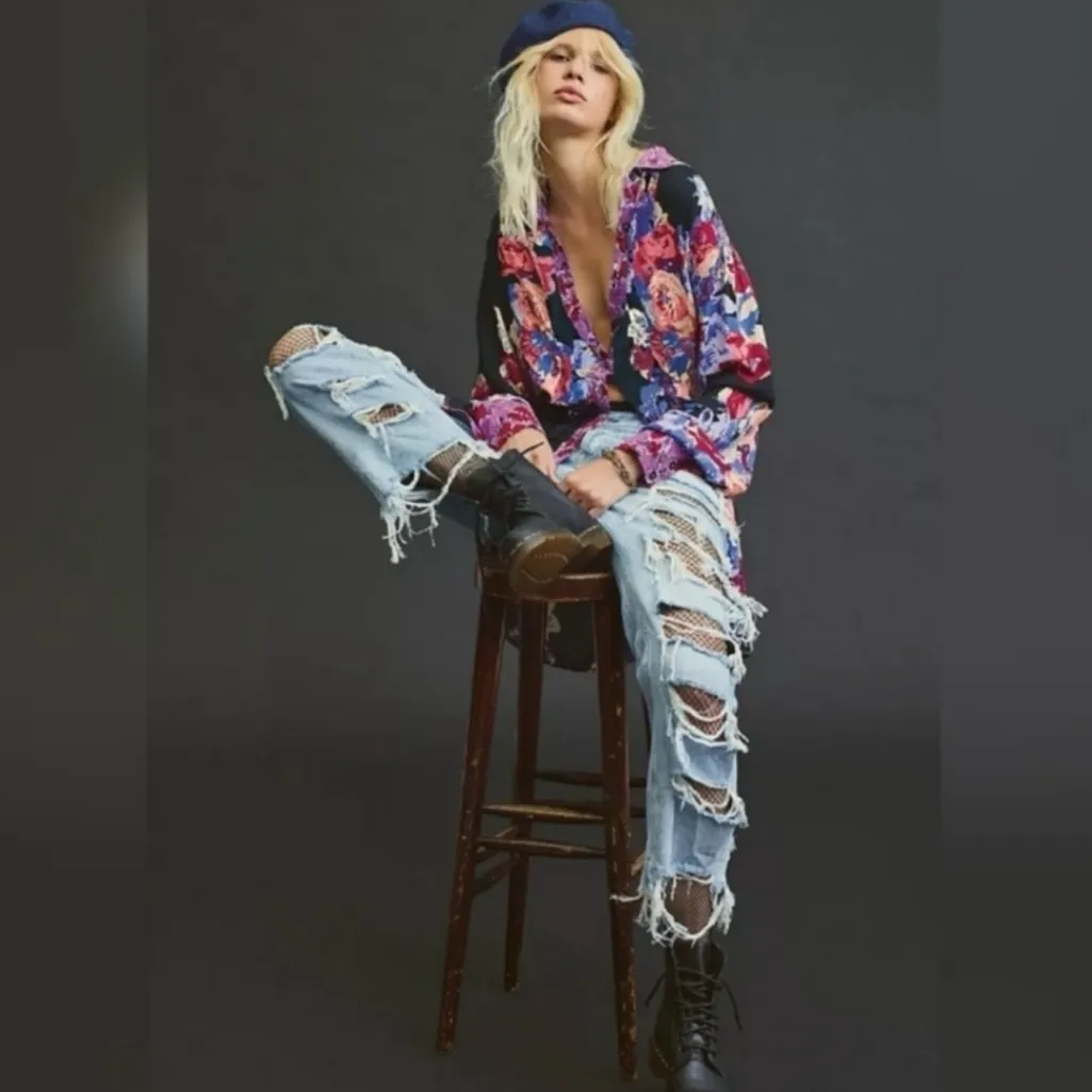 Free People Bunch A Brunch Tunic‎ Top Dress Black Motif Pink Purple Floral Small - Image 4