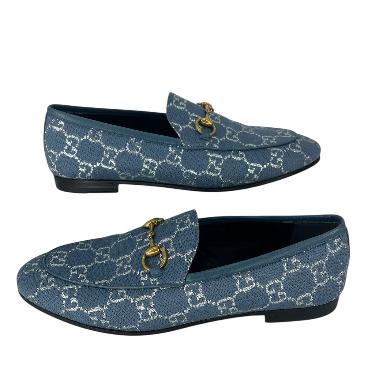 Gucci Horsebit Jordaan Lame Fabric Loafers Blue Silver Size 37.5 - Image 4