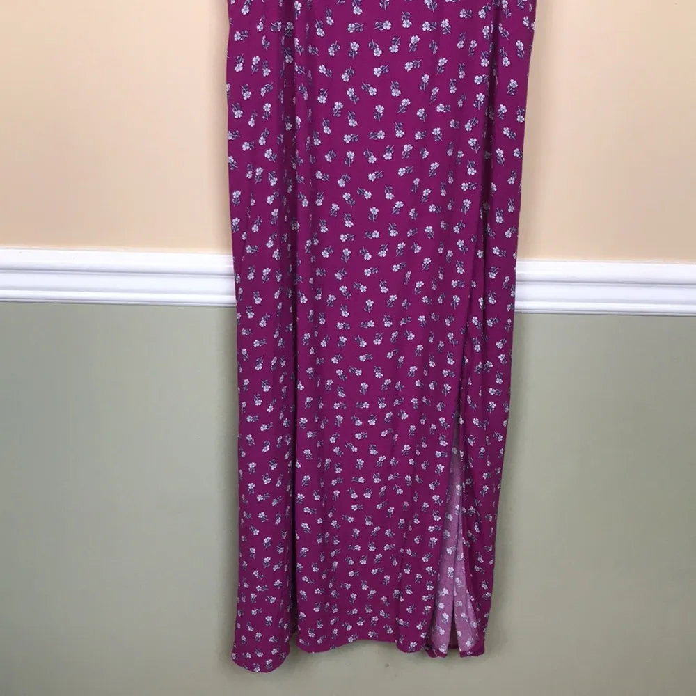 LOFT Women’s Micro Floral Print Ruffle Neckline Shoulders Leg Slit Midi Dress - Image 3