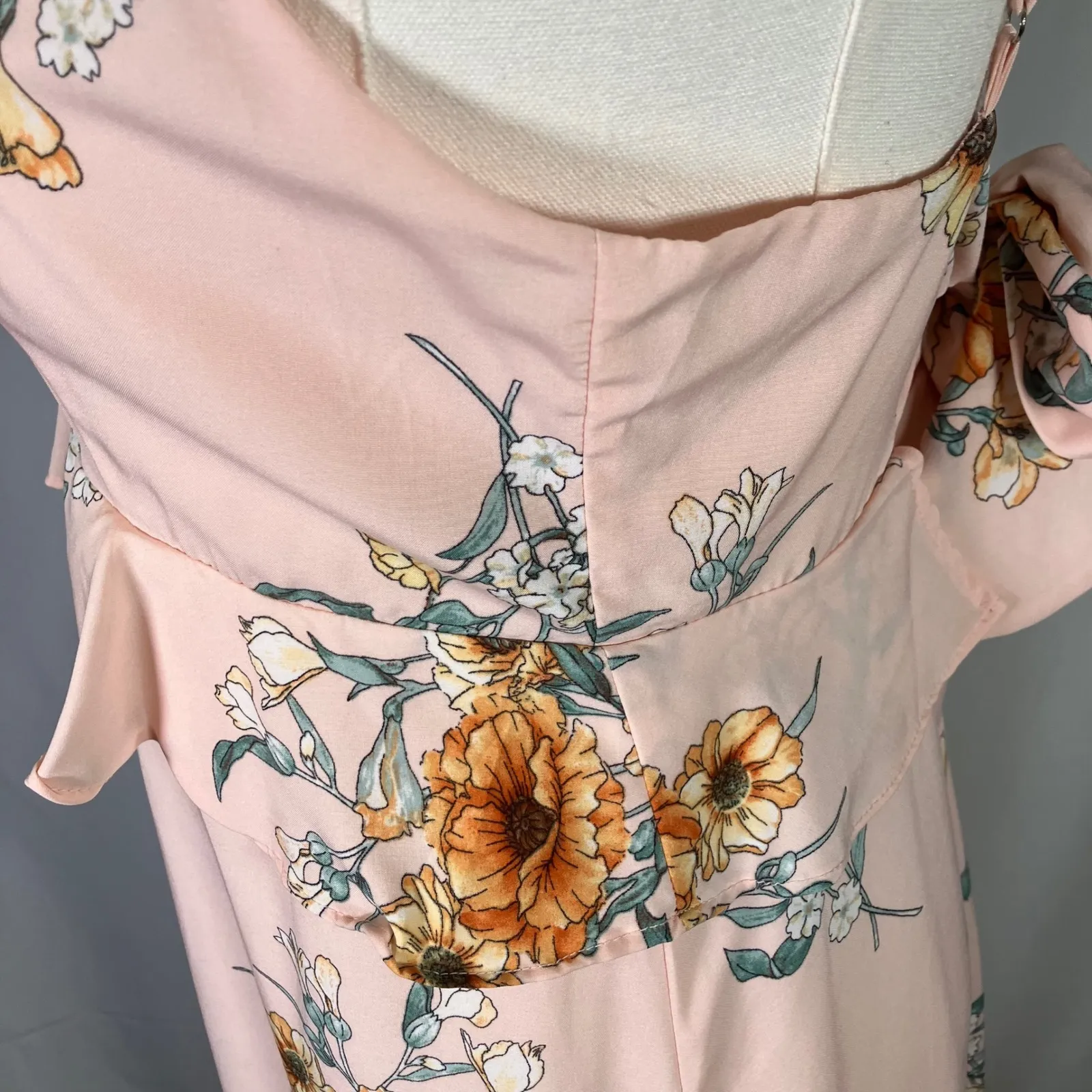 Lush Floral‎ Maxi Dress Women's Medium Pink Yellow Sleeveless Ruffle Tie Back - Image 5