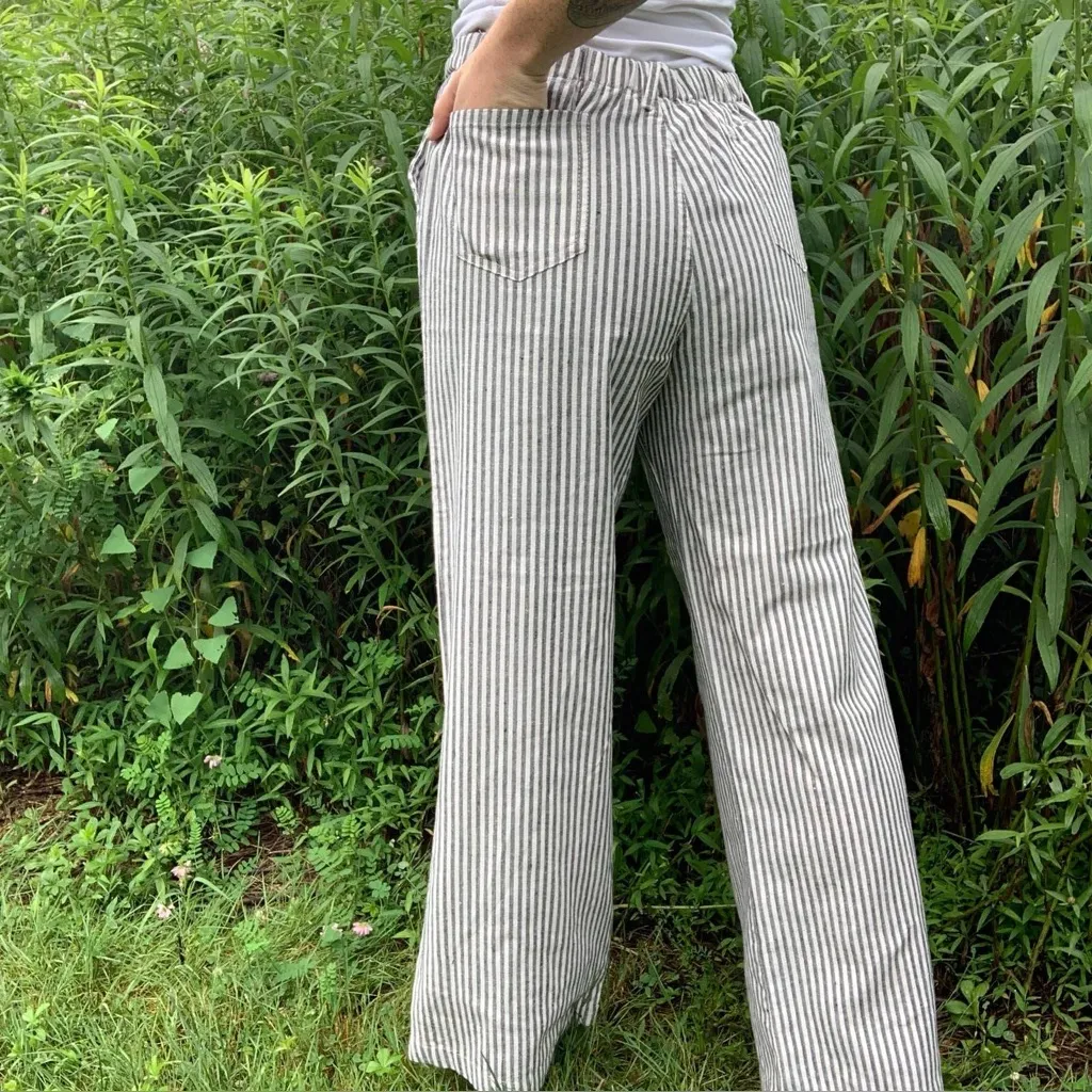 4OUR DREAMERS Striped Linen Blend Wide Leg Mid Rise Drawstring Pant Size XL Black - Image 2