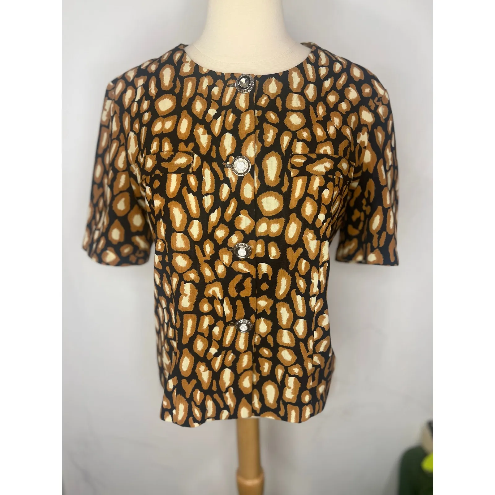 Vintage Korean Tai Lam Pattern Button Down Blouse ShoulderPad Black Tan Medium - Image 5