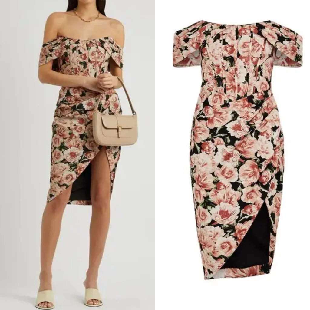 Lavish Alice Floral Rose Print Off The Shoulder Corset Midi Dress - Image 4