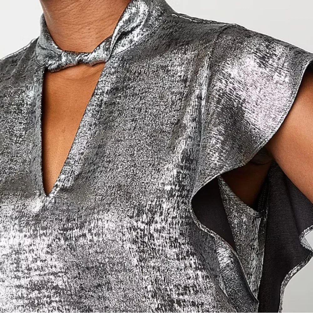 Worthington 0X Shimmering Silver Blouse Keyhole Neck Short Sleeve Satin - Image 11