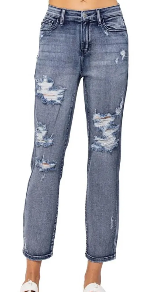 Judy Blue Boyfriend Fit Jeans Distressed Women’s Size 11 or 30 Blue Denim - Image 1