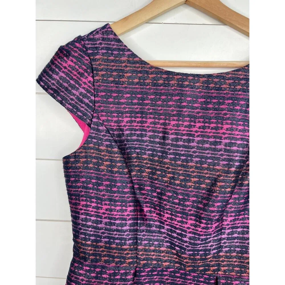 Vince Camuto Blue Pink Cap Sleeves Jacquard Pattern Fit & Flare Dress Size 8 - Image 2