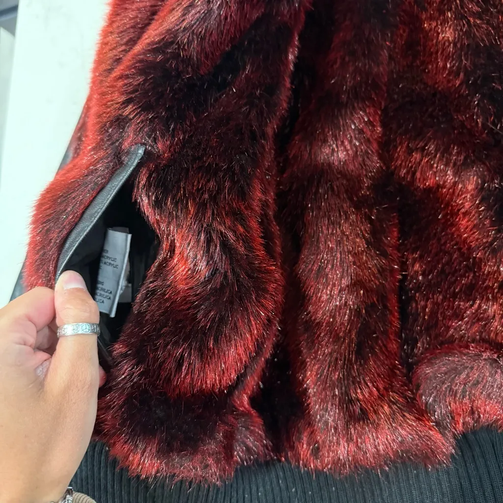 Vintage Y2K Ecko Unlimited Reversible Leather Bomber Jacket Red Fur Womens Large Black - Image 7