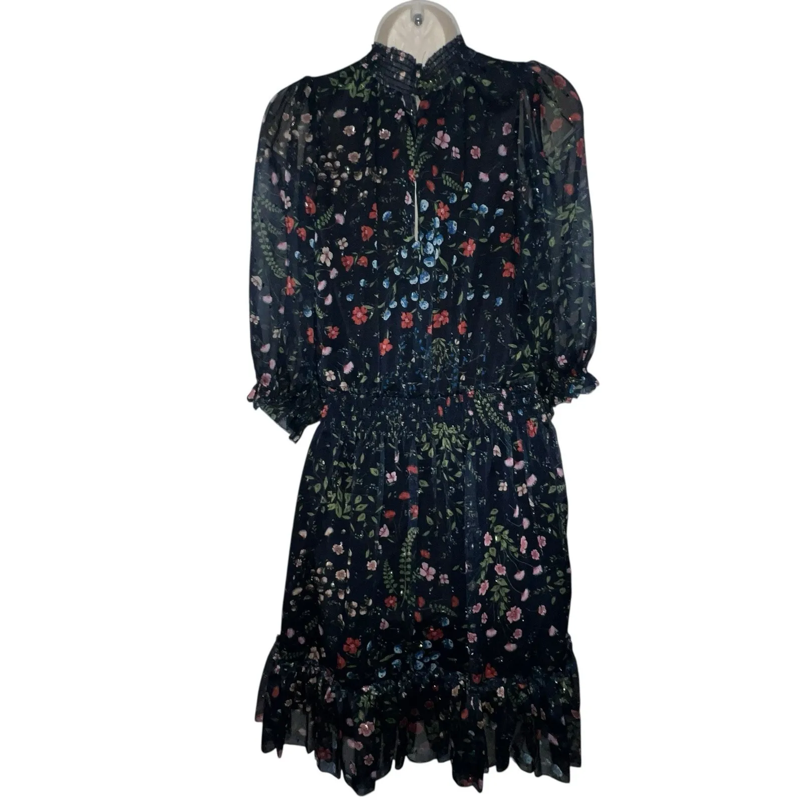 Joie Shima Floral High Neck Smocked Dress Midnight Navy‎ Blue Floral Size Small - Image 6