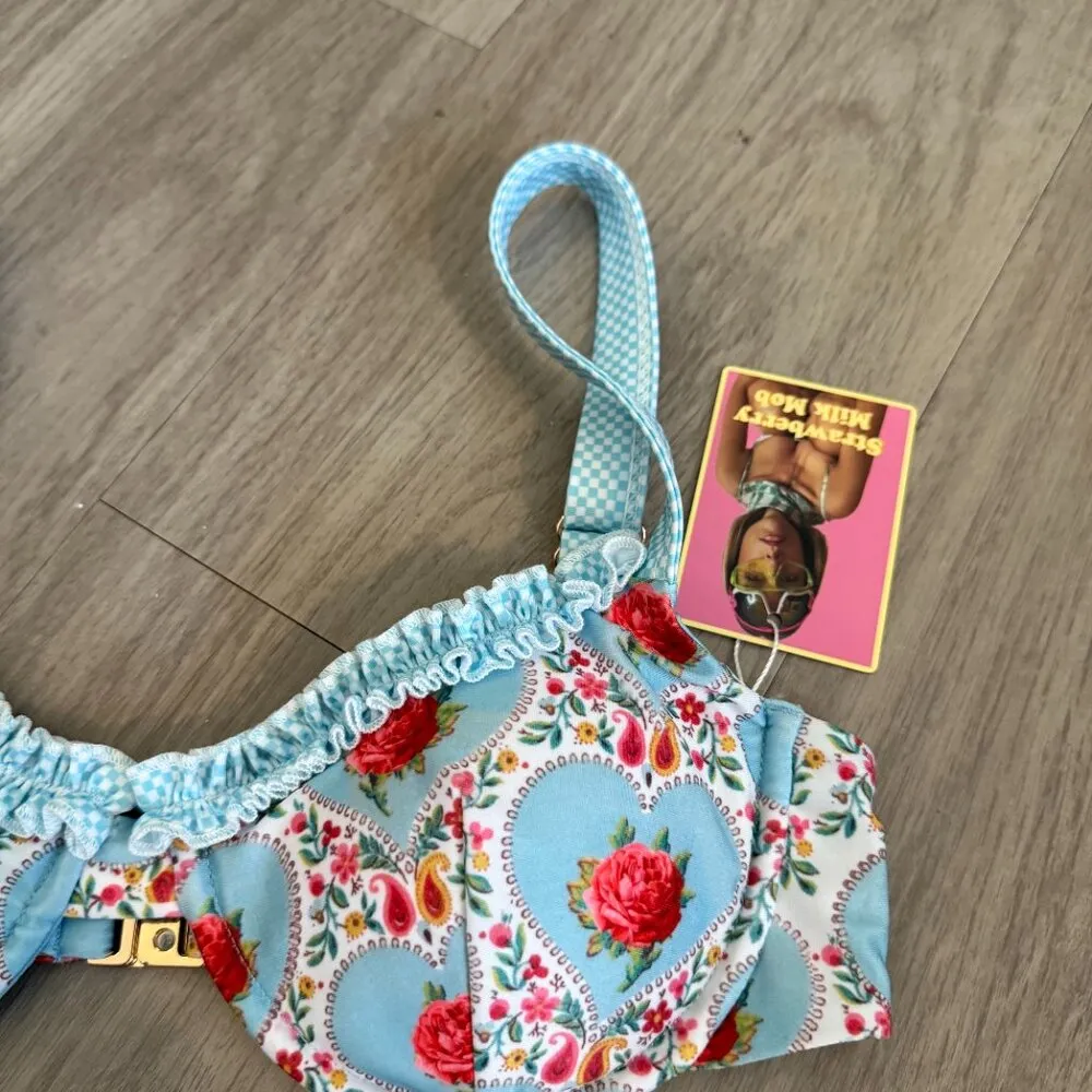 NEW Strawberry Milk Mob Bikini Top Size Medium Color Blue White Red - Image 3