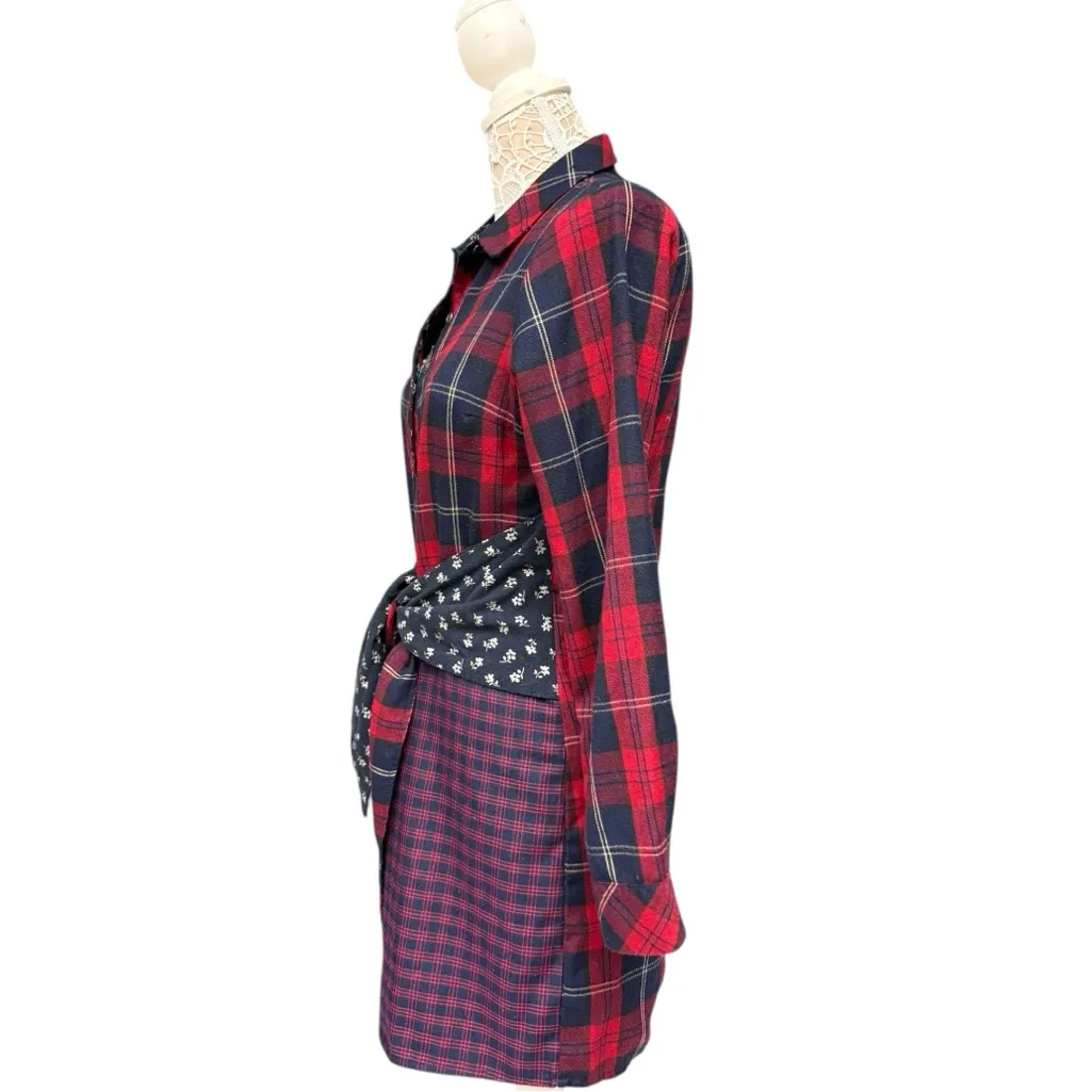 Urban Outfitters Skies Are Blue Red Navy Plaid Mixed Print Shirt Dress Small GUC - Image 4