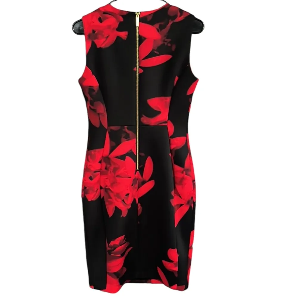 Like New Calvin Klein Scuba Knit Sleeveless Dress Black Red Floral Size 6 - Image 7