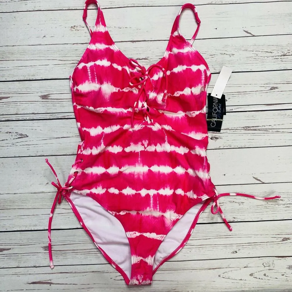 California Waves Tie Dye Stripe One Piece Swimsuit Size L Pink White Lace Up New - Image 2