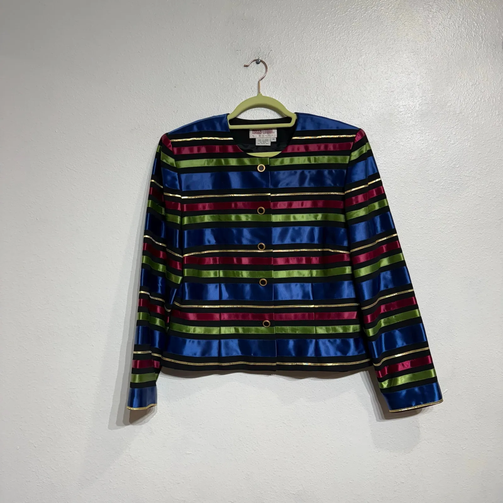 Maggy London Black Metallic Striped Vintage Blazer Sz 14 - Image 2