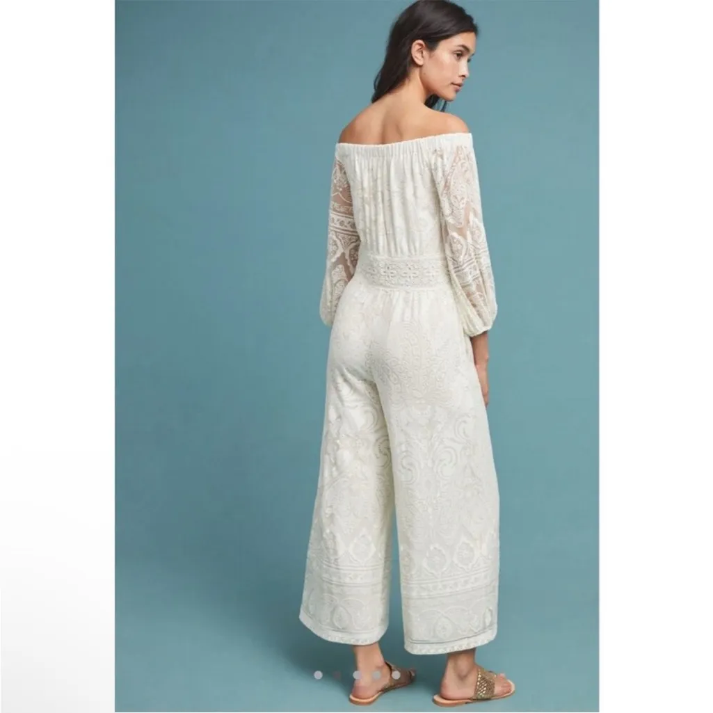 Anthropologie Farm Rio White Off Shoulder Jumpsuit XS - Image 3