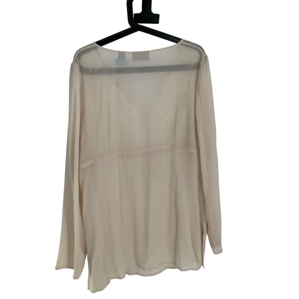 Sheer Beige silk Long Sleeve Embroidered Blouse Tie Waist flowy boho feminine m White Size M - Image 9