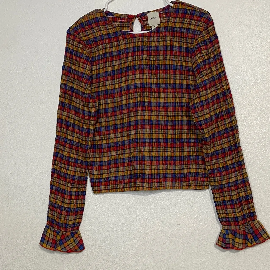 Stylish Plaid Long Sleeve Blouse Red Size M - Image 4