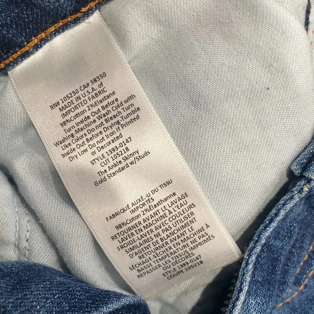 Current/Elliot Dark Cheville Ankle Skinny Gold Standard Studs Denim Jeans 28 - Image 6