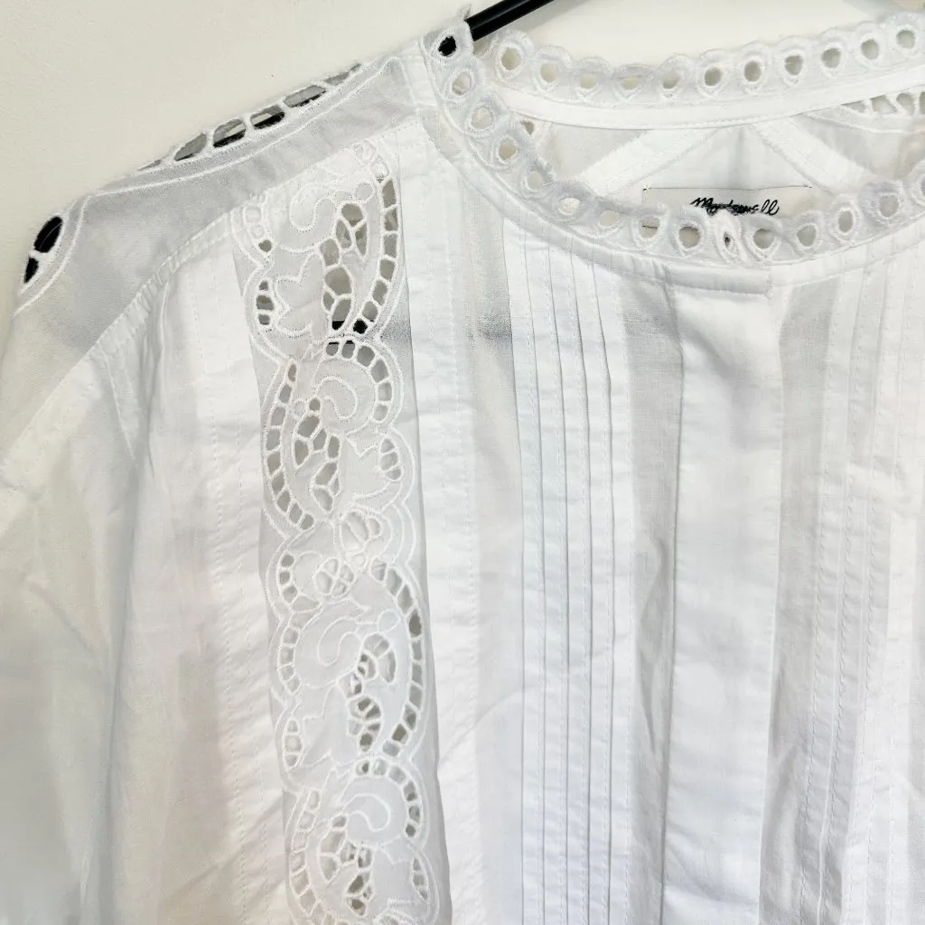 NWT Madewell White Lace-Inset Pintucked Button-Up Top - Size: Medium - Image 3