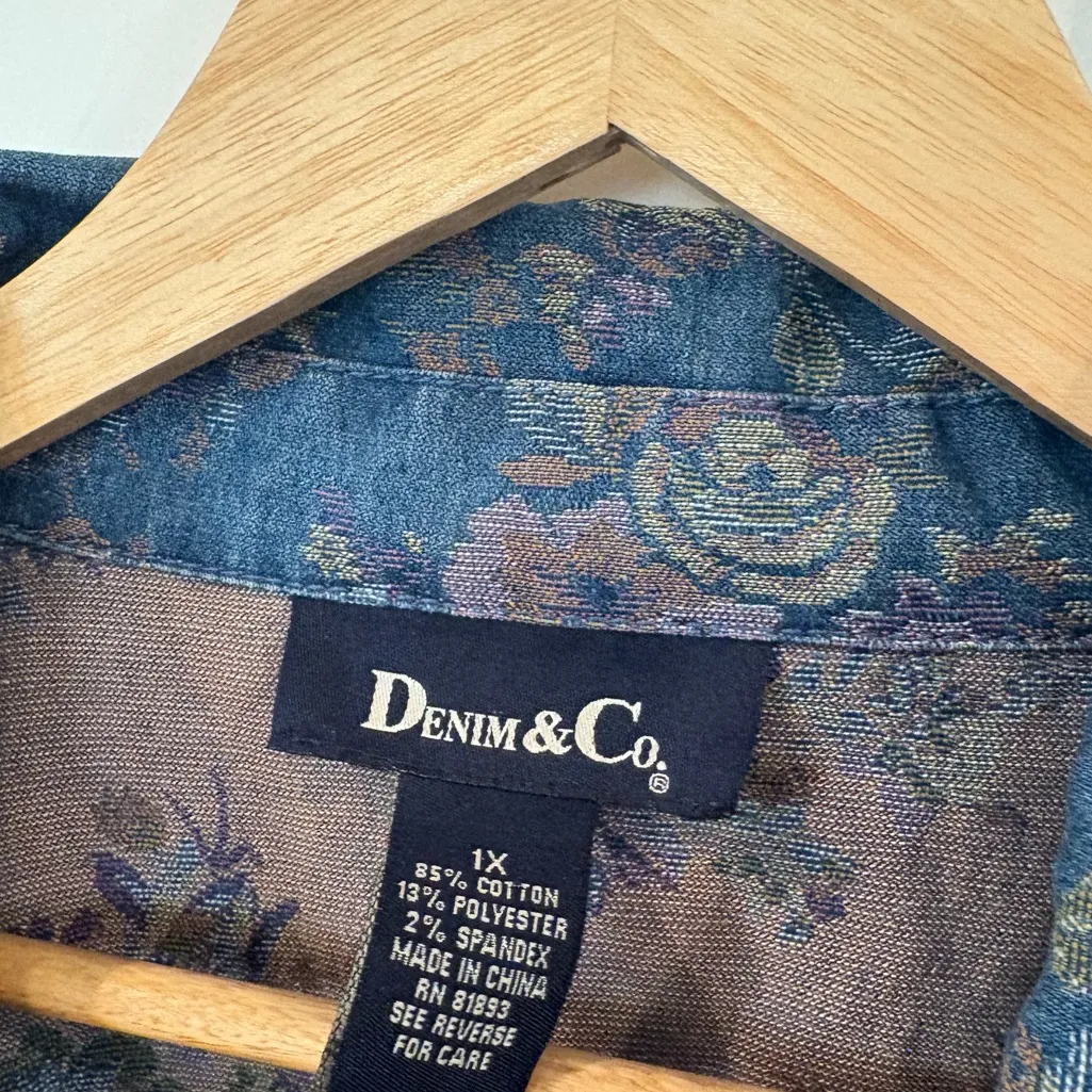 Denim & Company Denim Floral‎ Ruffle Jacket Size 1X Blue - Image 5