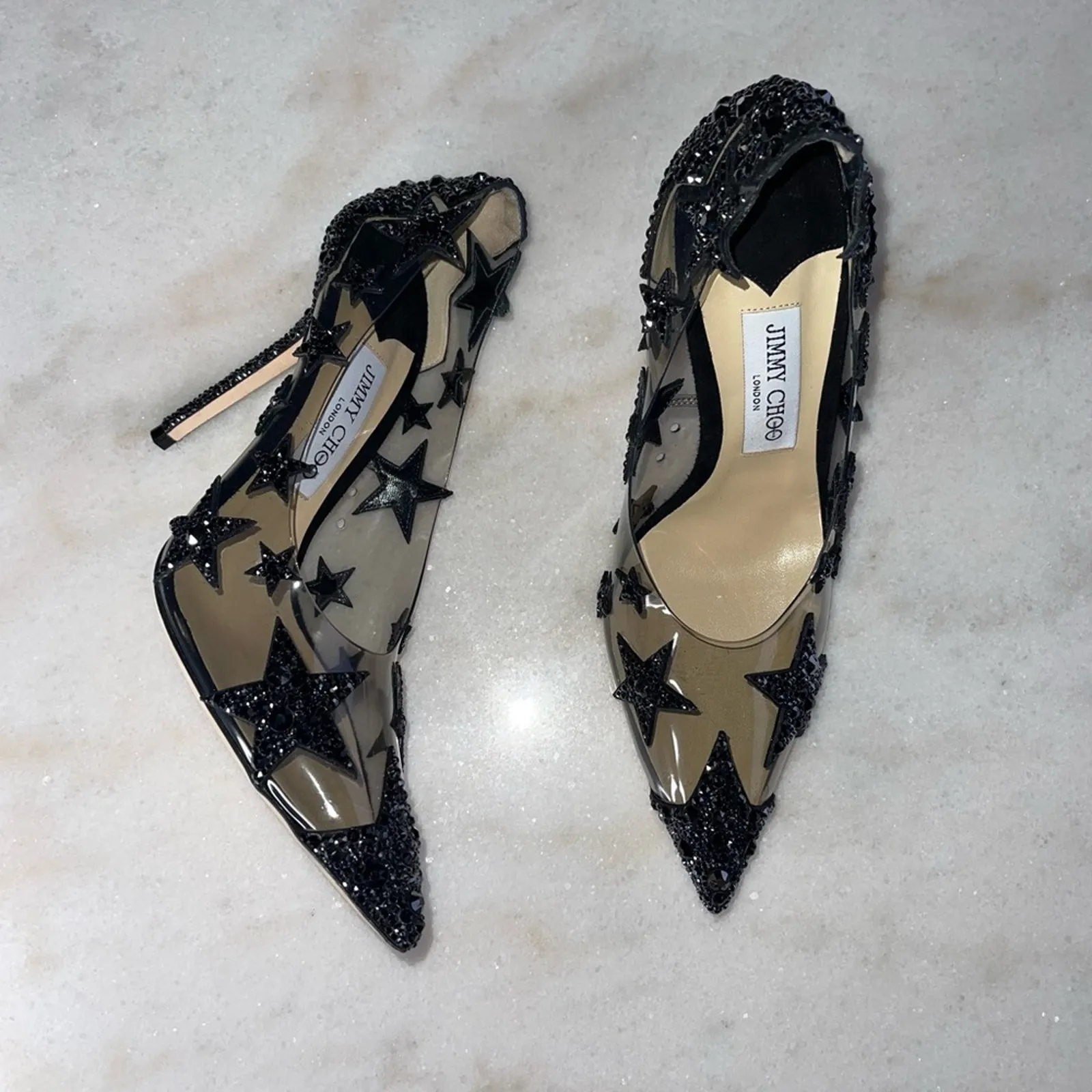 New Jimmy Choo Lisha 100 Black Smoke Mix Plexi Star Patchwork Pumps w Crystals - Image 9