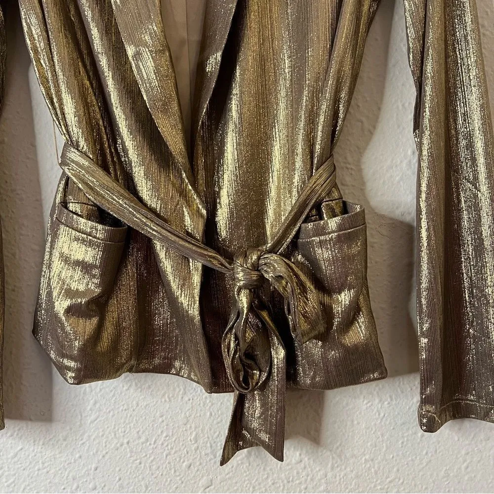 Superdown Desiray Tie Metallic Blazer in Gold Size Small - Image 7