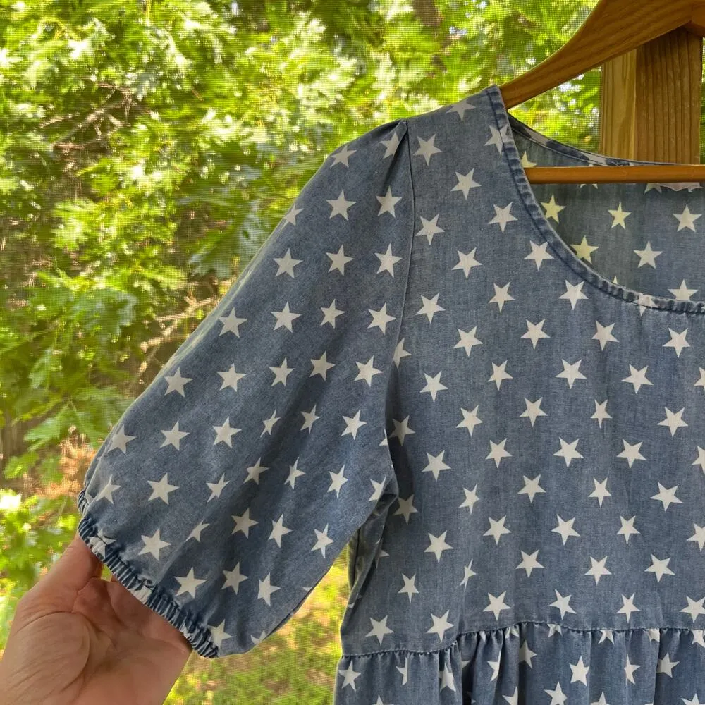 Storia Women's Blue And White Star Print Tiered Mini Dress Size M - Image 3