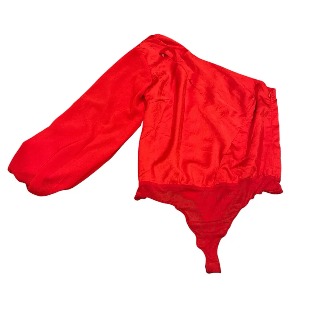 Lulu's Red One Sleeve Satin cutout front bodysuit M - Image 9