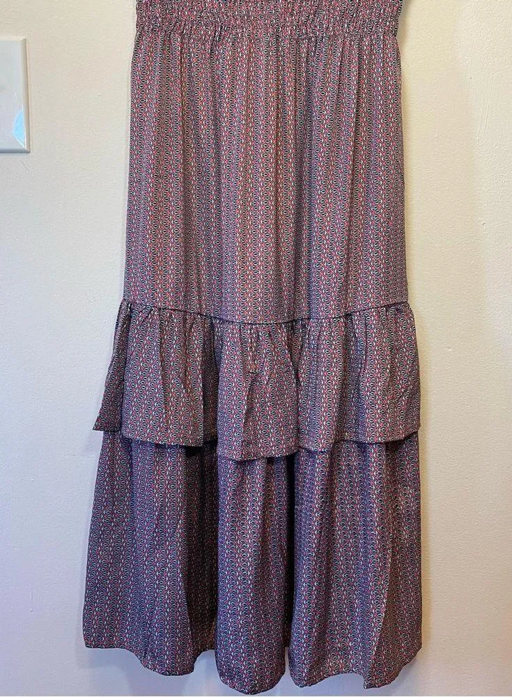 Perry Walker | Cornelia II Ruffle Sleeve Tiered Midi Dress Silk Pink/Blue Sz 6/8 Pink - Image 12