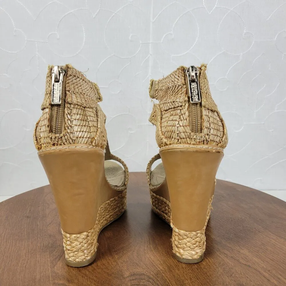 Kenneth Cole Reaction Womens Live It Up Sandals 6.5 Cream Woven Straw Wedge Heel Tan - Image 8