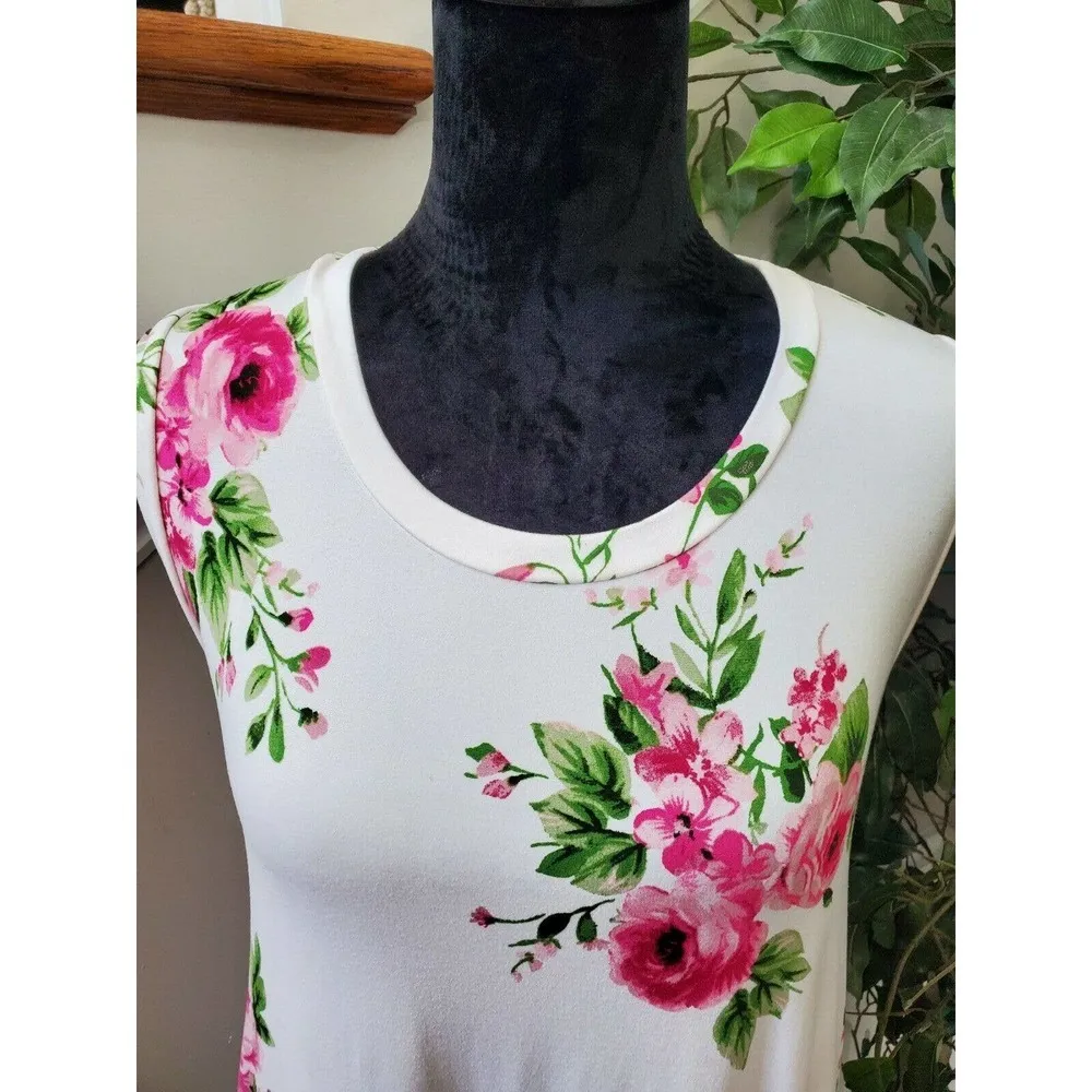 Acting Pro Women White Floral Polyester RoundNeck Sleeveless Knee Length Dress S - Image 5