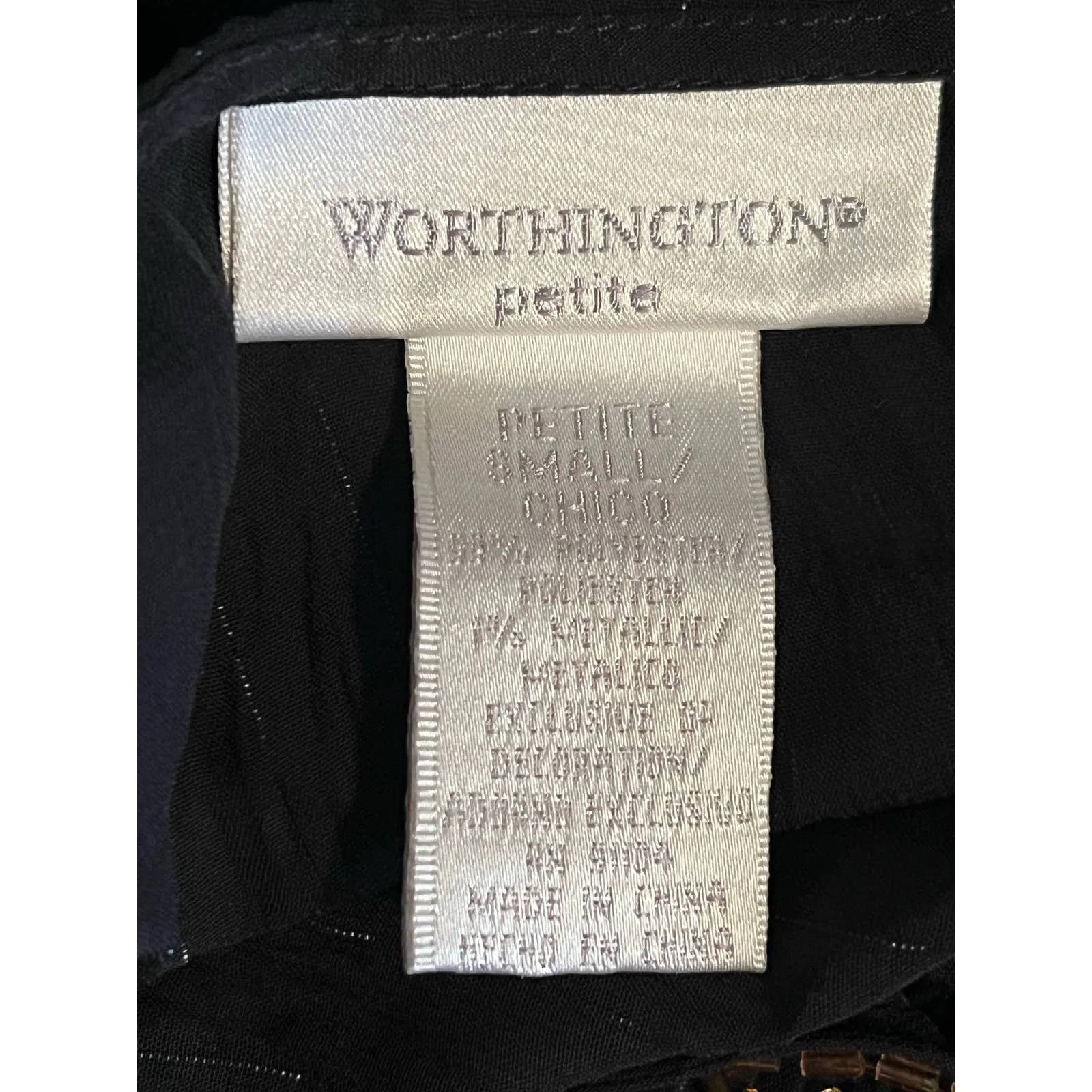 Worthington Petite Women's Black‎ Sheer Metallic Gold Embellished V-Neck Size S - Image 3