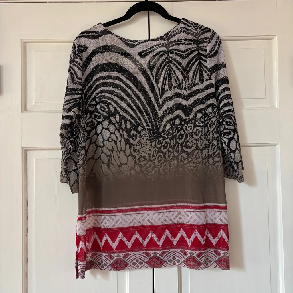 Chico's Size 3 Sheer Animal Print Western Blouse Leopard Top Shirt Chico Size XL - Image 9