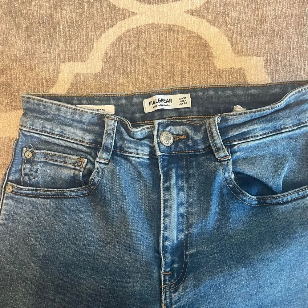 Pull&bear asos skinny mid waist denim jeans size 4 frayed ankle Blue - Image 4