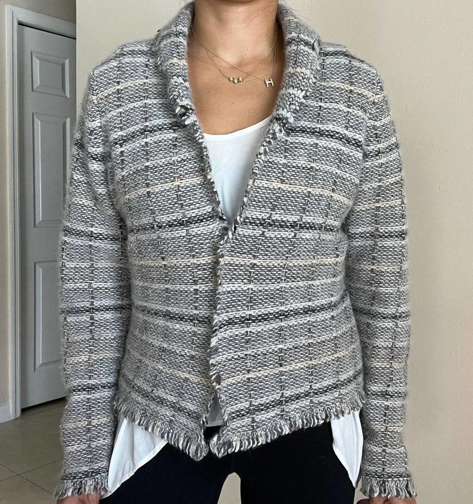 BANANA REPUBLIC Women's Angora & Wool Blend Grey Beige Tan Cardigan Size L - Image 8