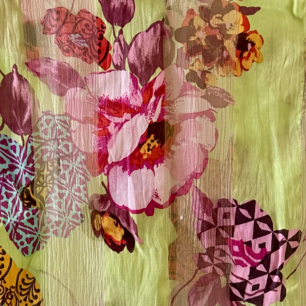 90s Vintage Marcrozier Paris Floral Print Silk Oblong Scarf Wrap, Green & Pink - Image 15