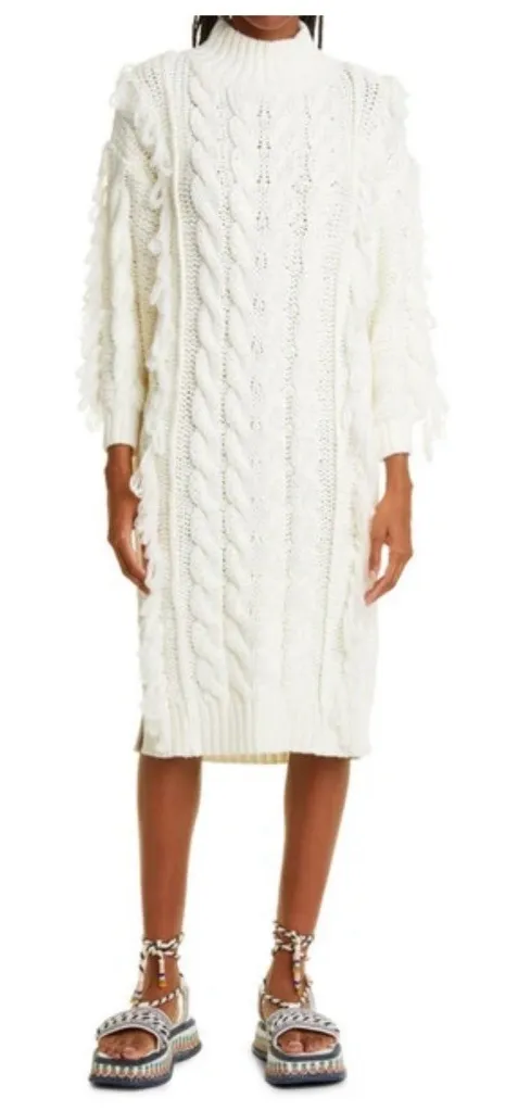 Farm Rio NWT White Midi Sweater Dress Off White Size M Chunky Cable Knit Fringe - Image 1