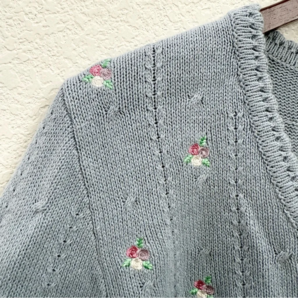 HEYSON Grayish Light Blue Embroidered Flowers Open Front Cardigan Sweater Size S - Image 9