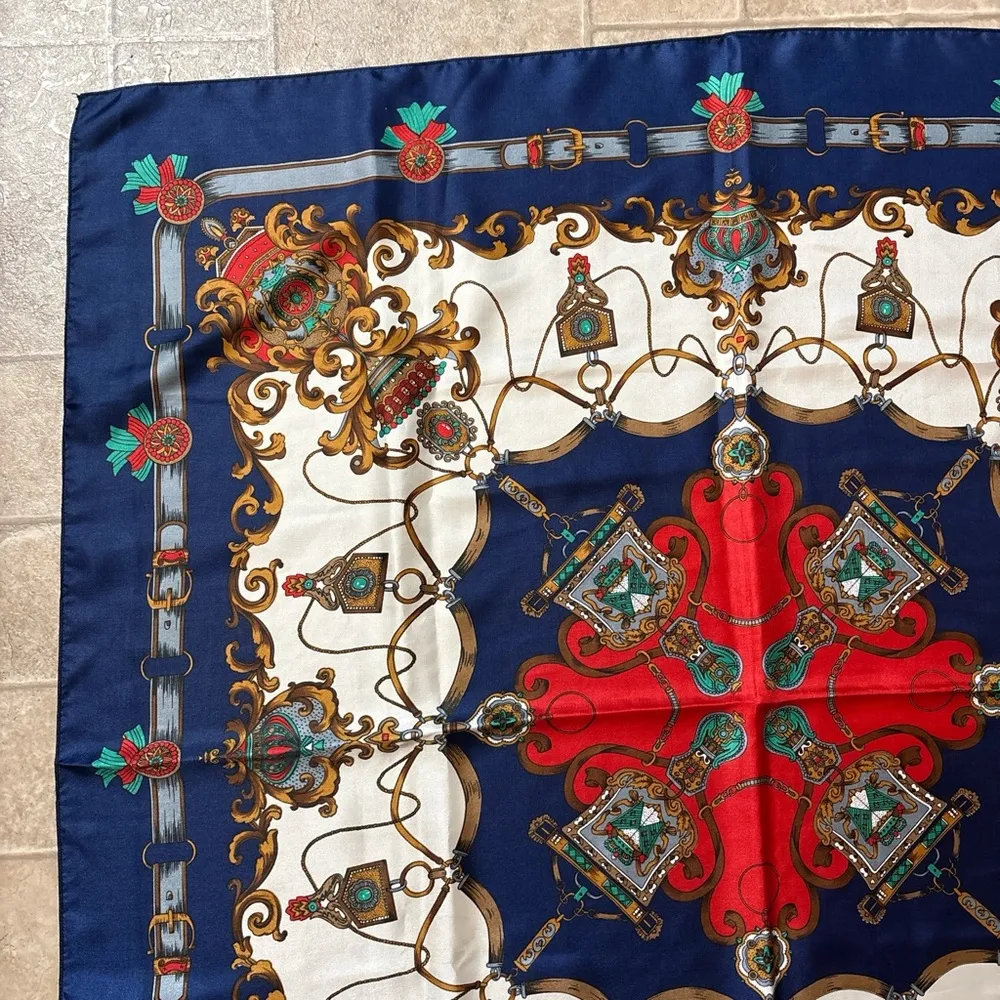 Ornate Scarf Jewel Tones Crown Chain Crest Square Polyester Vintage 35in - Image 3