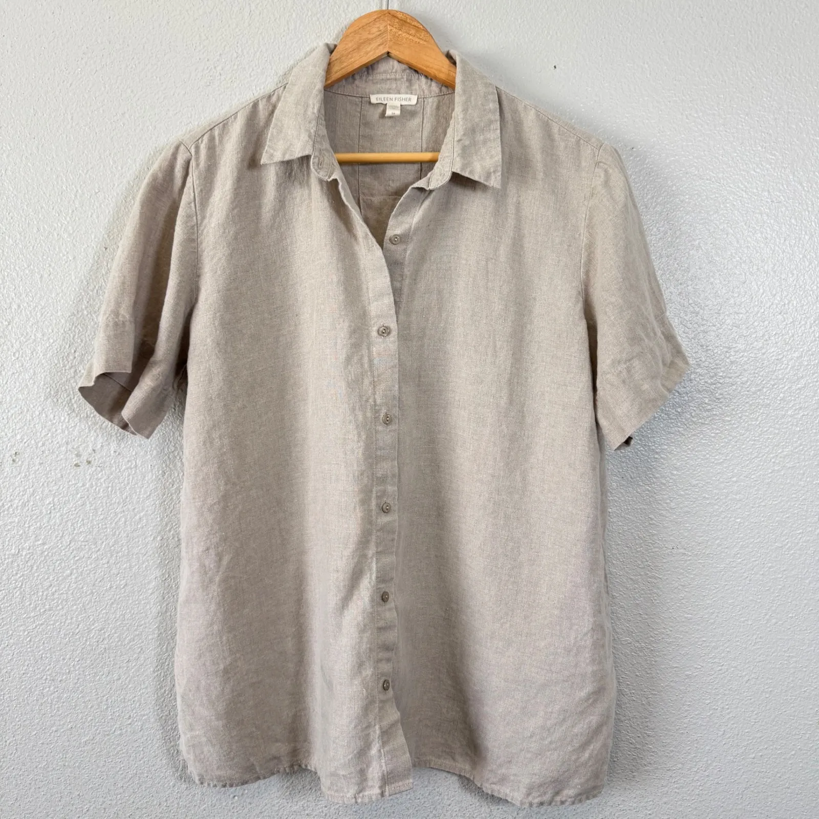 EILEEN FISHER Linen Blend Short Sleeve Button Up Shirt S/P‎ Beige Relaxed Fit - Image 3