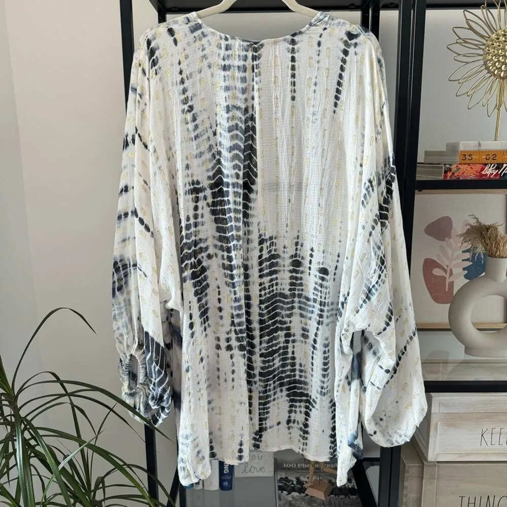 Anthropologie Vada White Blue Gold Shimmer Cocoon Kimono Women’s One Size - Image 10
