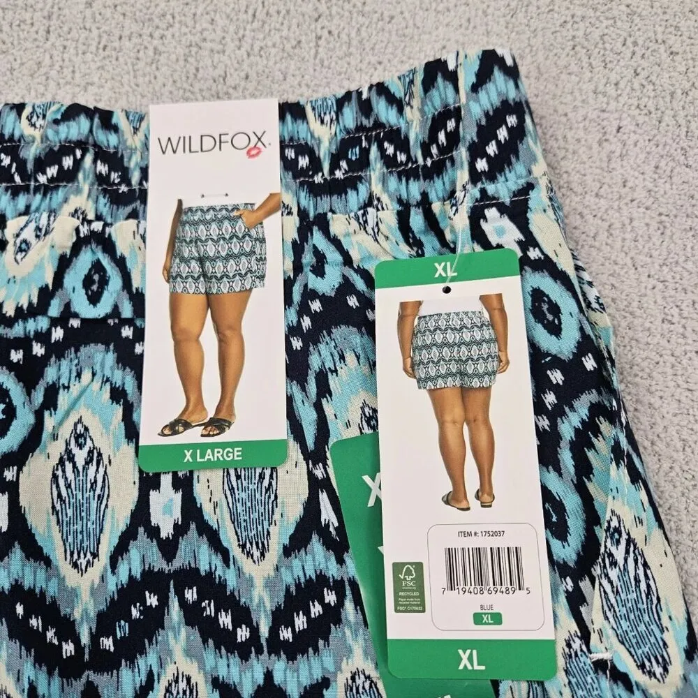 Wildfox Shorts NWT XL Lightweight Feathers Ikat Blue Summer Swim Beach Vacation - Image 4
