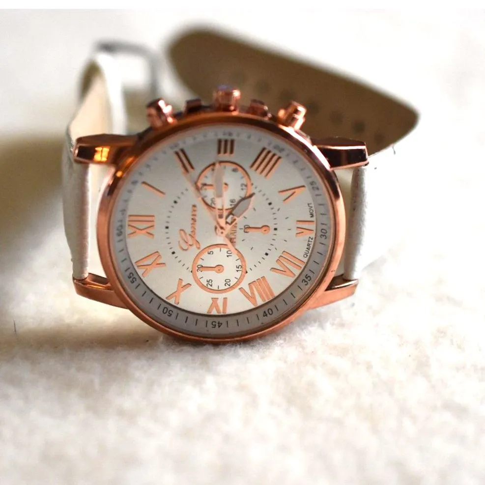 Geneva Platinum Rose Gold White Faux Leather Band New Battery Watch - Image 2