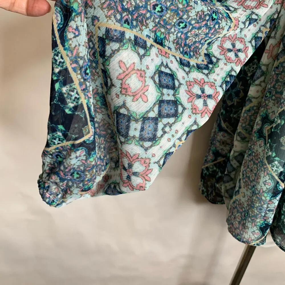 Libby Edelman Blue Sheer Blouse High Neck Cold Shoulder Sz Medium - Image 4