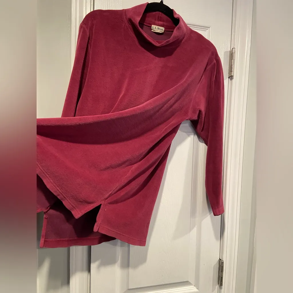 VTG L.L. Bean Size L Burgundy Velour Mock Neck Pullover Soft Split Hem Tunic Top Red Size L - Image 4