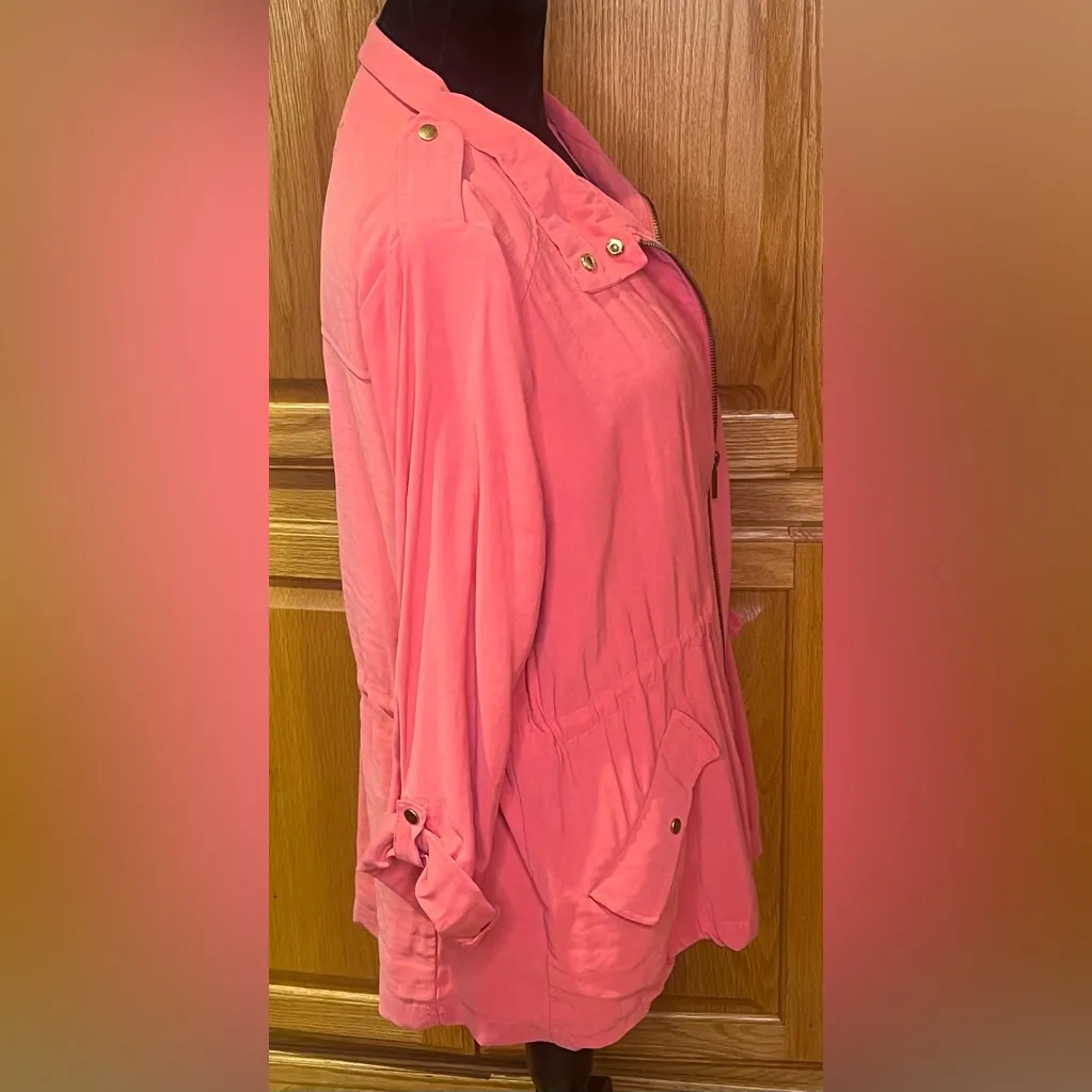 ZARA Front Zip Gold Snap Cinched Waist Military Utility Jacket Coral Pink‎ Large - Image 9