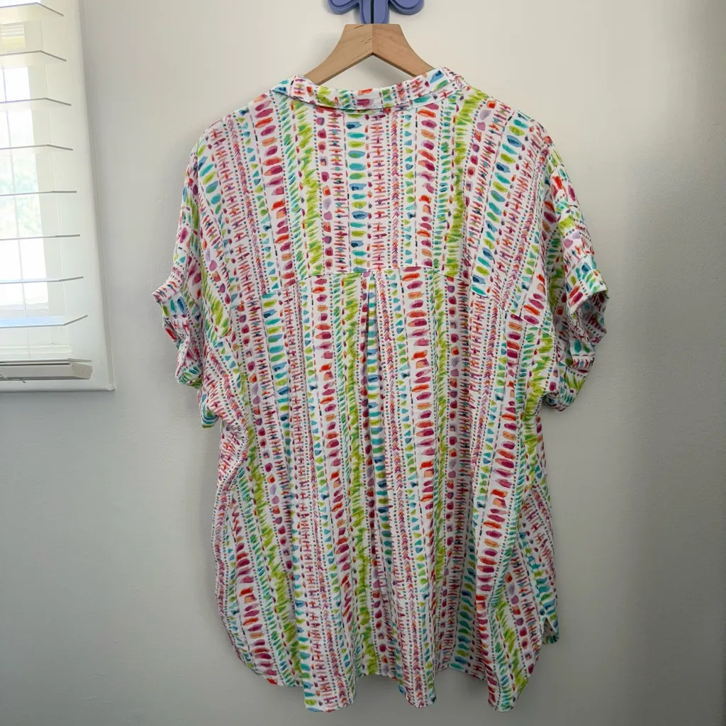 John Mark 2X Short Sleeve Shirt Button Up White Colorful Watercolor Vacation - Image 3