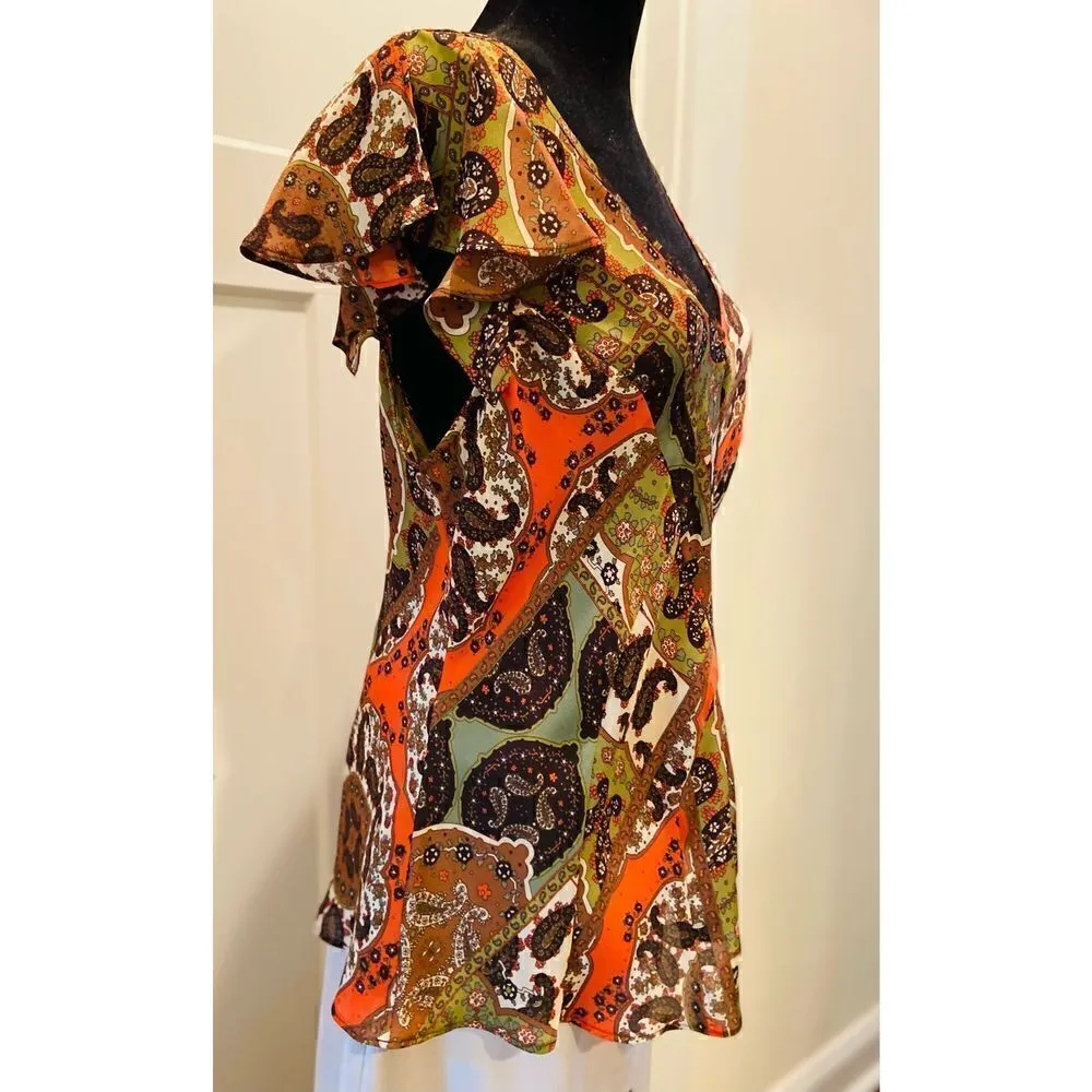 DressBarn Women's V Neck Paisley Large Blouse Split Ruffle over Sleeveless Top a Tan - Image 2